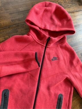 Nike Tech Fleece Hoodie Red Zip Up Sweatshirt Jacket Swoosh Logo YOUTH Large YLG
